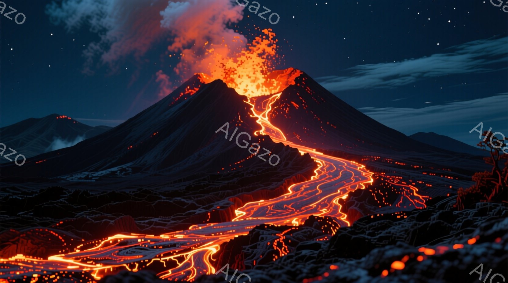 燃え盛る火口から溶岩が流れ出す、暗いシルエットの山が印象的な光景です。溶岩は鮮やかなオレンジと赤色で、暗い大地を照らしながら、まるで血管のように山腹を伝って広がっています。背景には、雲海とわずかに見える植物があり、全体的に荒涼とした、力強い自然のエネルギーを感じさせる雰囲気です。