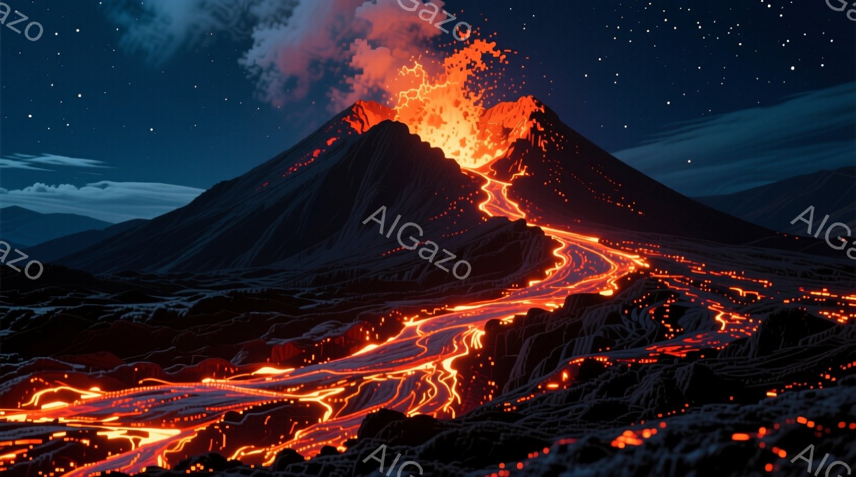 燃え盛る溶岩が流れ落ちる暗い山の画像です。山頂からは鮮やかな赤色の炎と煙が吹き出し、山腹には溶岩流が蛇行して広がっています。夜空には星が輝き、溶岩の赤と夜空の暗さのコントラストが、ドラマチックで力強い - AI生成フリー素材