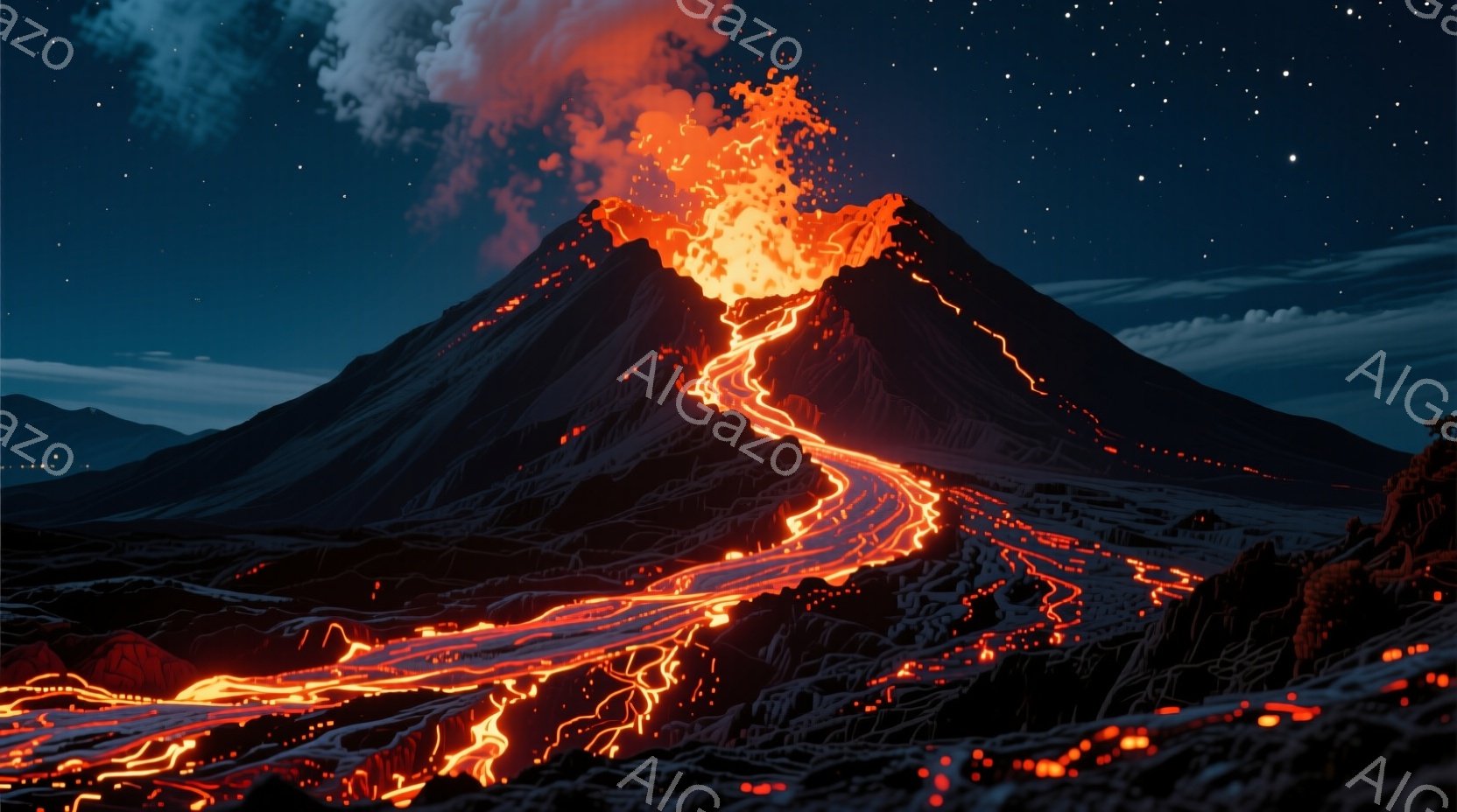 活火山が夜空の下で噴火しており、燃え盛る溶岩が斜面を流れ落ちています。空は暗く、無数の星が輝き、火山周辺にはかすかな植生が見られます。全体的に、力強く、劇的な自然の光景が描かれており、危険と美しさが共存しています。