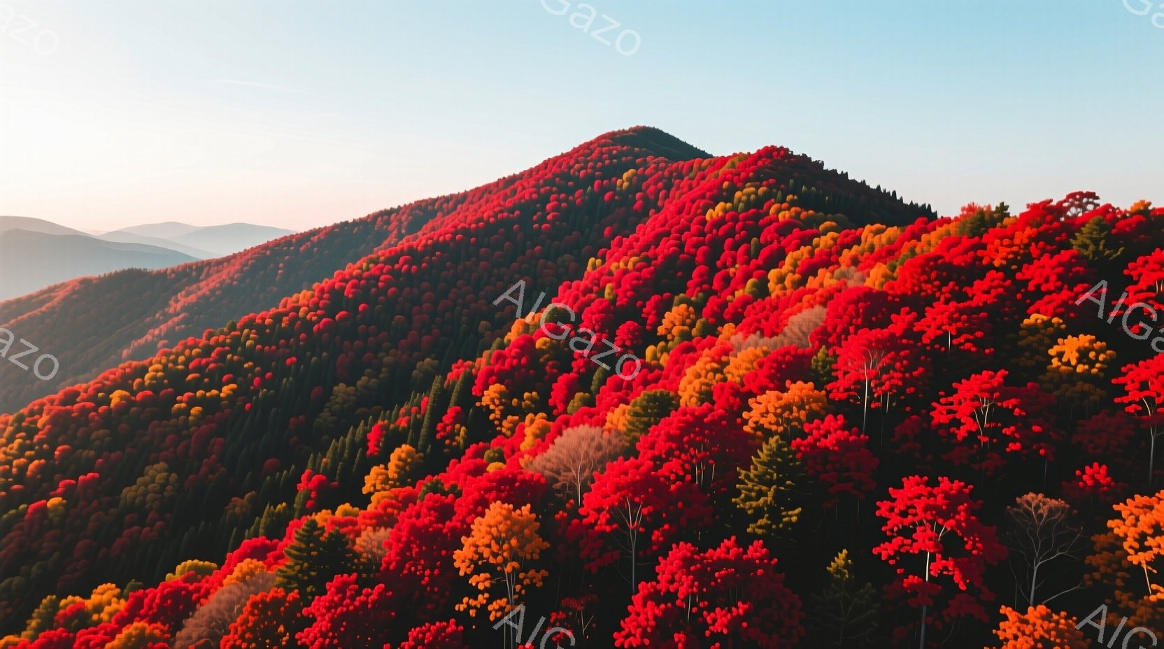 鮮やかな赤色の紅葉に覆われた山々が、広大な風景の中に広がっている。遠くには霞んだ山並みが続き、空は穏やかな青色で、全体的に秋の静寂と自然の美しさを感じさせる。木々の色彩は多様で、深紅から明るいオレンジ - AI生成フリー素材