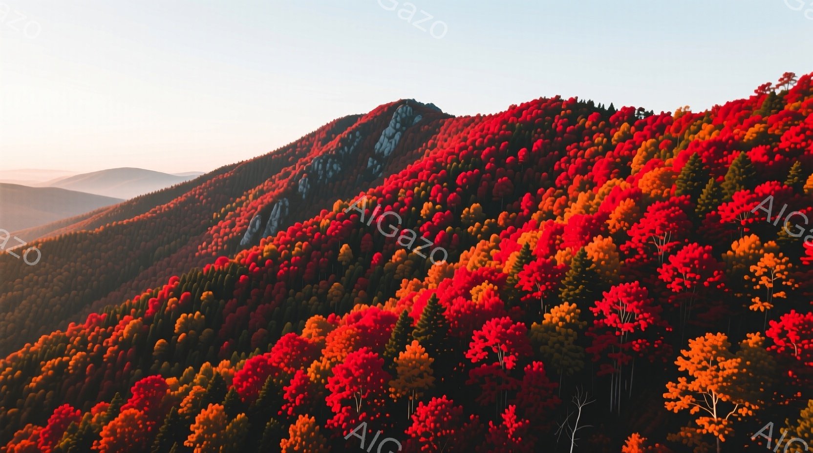鮮やかな紅葉に覆われた山が広がり、まるで燃え盛る炎のようだ。山肌は赤、オレンジ、黄色のグラデーションで彩られ、遠くの山々は霞んでぼんやりとしている。全体的に暖かく、静かで、秋の深まりを感じさせる風景だ。