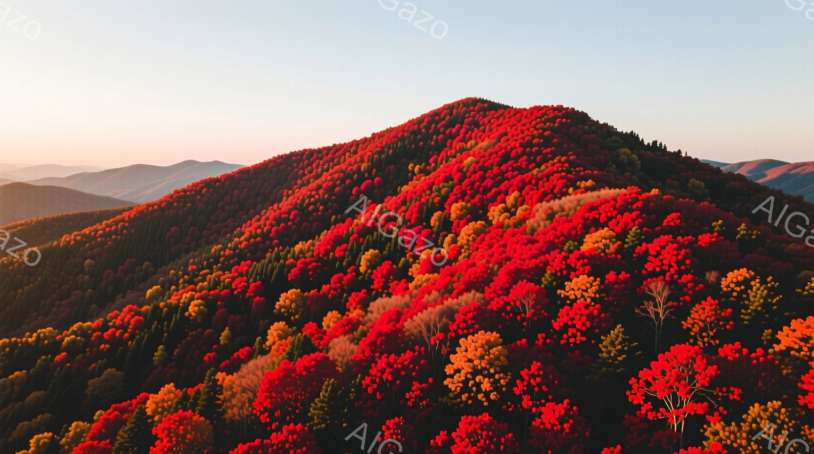 鮮やかな紅葉に覆われた山々が連なり、秋の風景を捉えた写真です。山肌は赤、オレンジ、黄色といった暖色で彩られ、奥行きのある美しいグラデーションを作り出しています。空は穏やかなオレンジ色から青色へと変化し - AI生成フリー素材
