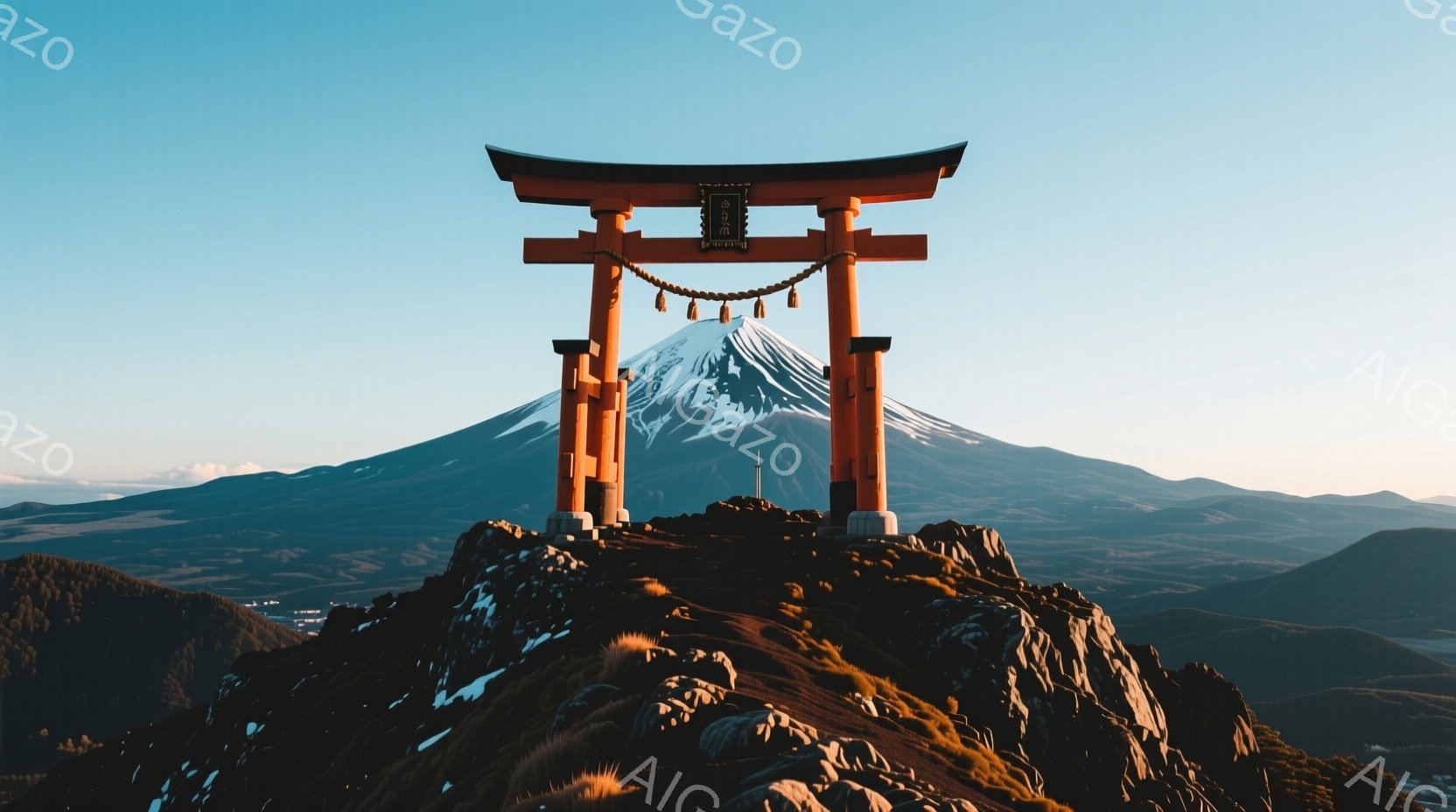 鮮やかな朱色の鳥居が、岩山の頂上にそびえ立っている。背景には、雪を抱いた雄大な富士山が広がり、遠くには山並みが連なっている。晴天の下、鳥居と富士山が織りなす景色は、厳かで美しい雰囲気を醸し出している。