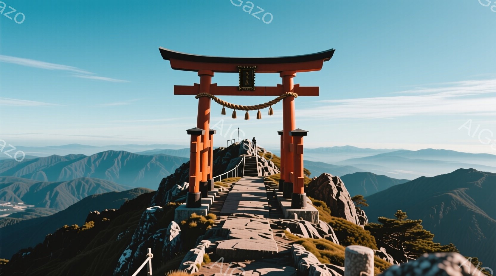 険しい山頂に朱色の鳥居が堂々と建っており、そこから続く石段が遠くの山々へと続いています。背景には霞んだ青い山々が連なり、空は澄み切った青色で、全体的に静寂で神聖な雰囲気が漂っています。石段の上には小さな人物が見え、鳥居をくぐって山頂を目指している様子が伺えます。