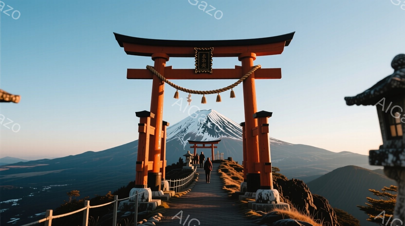 鮮やかなオレンジ色の鳥居が連なる道が、遠くに見える富士山へと続いています。人々はカジュアルな服装で、ゆっくりと参道を歩いており、表情は穏やかで、どこか神聖な雰囲気に包まれています。周囲は緑豊かな山々に - AI生成フリー素材