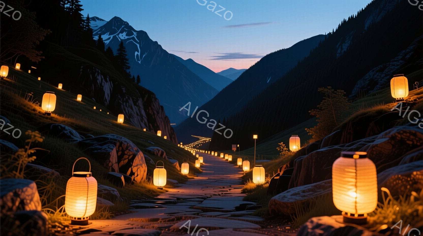 岩石で舗装された曲がりくねった道が、深い谷間を縫うように続いており、両脇には無数の提灯が灯されています。遠くには雪を頂いた山々が連なり、空は夕暮れ時のような薄暗い光に包まれています。全体的に静かで幻想 - AI生成フリー素材