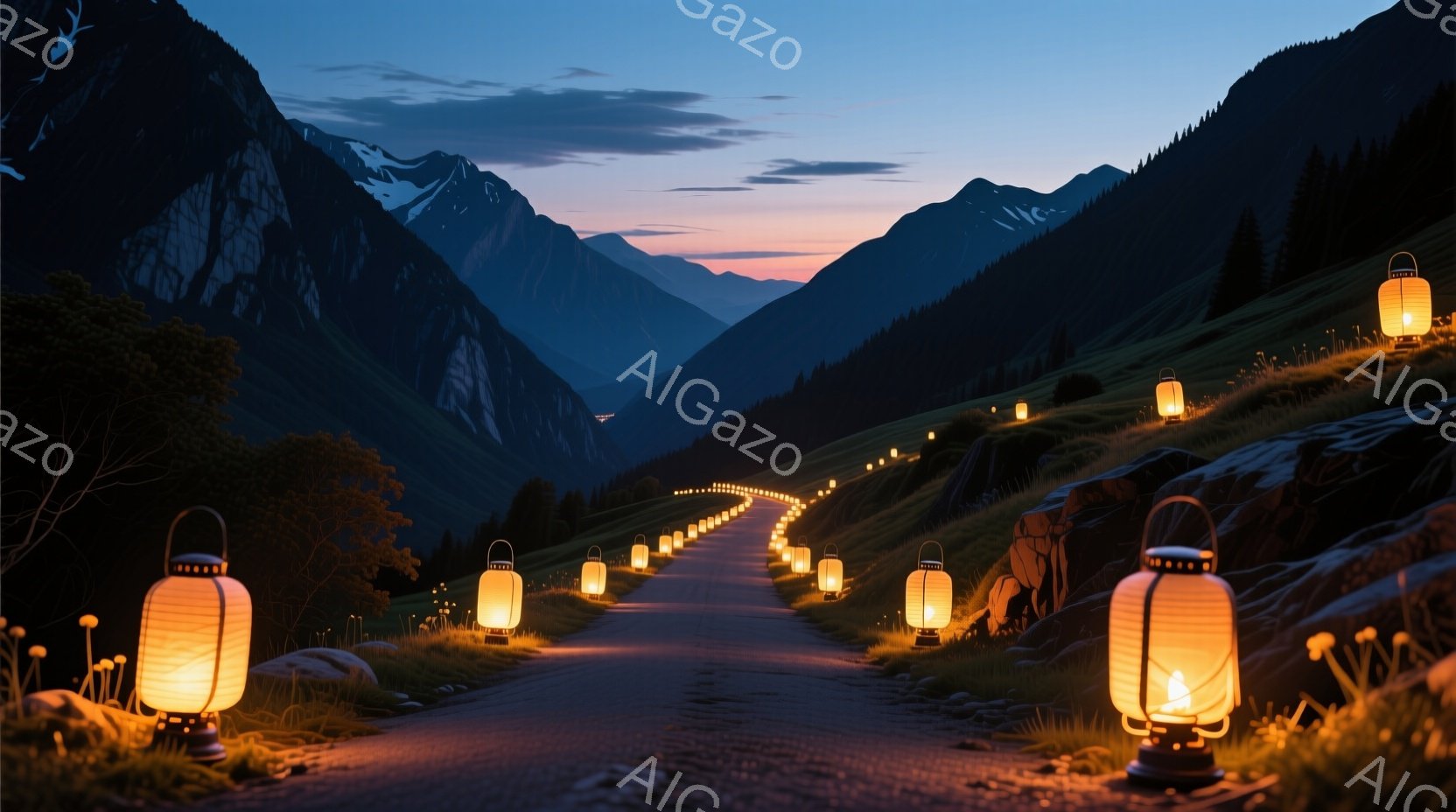 暗い山々の間を縫うように、石畳の道が伸びており、その両脇には無数の提灯が並んでいる。提灯の温かい光が、夜の暗闇に幻想的な雰囲気を添えている。遠くに見える山頂は雪を抱き、夕焼け空と相まって、静かで神秘的 - AI生成フリー素材