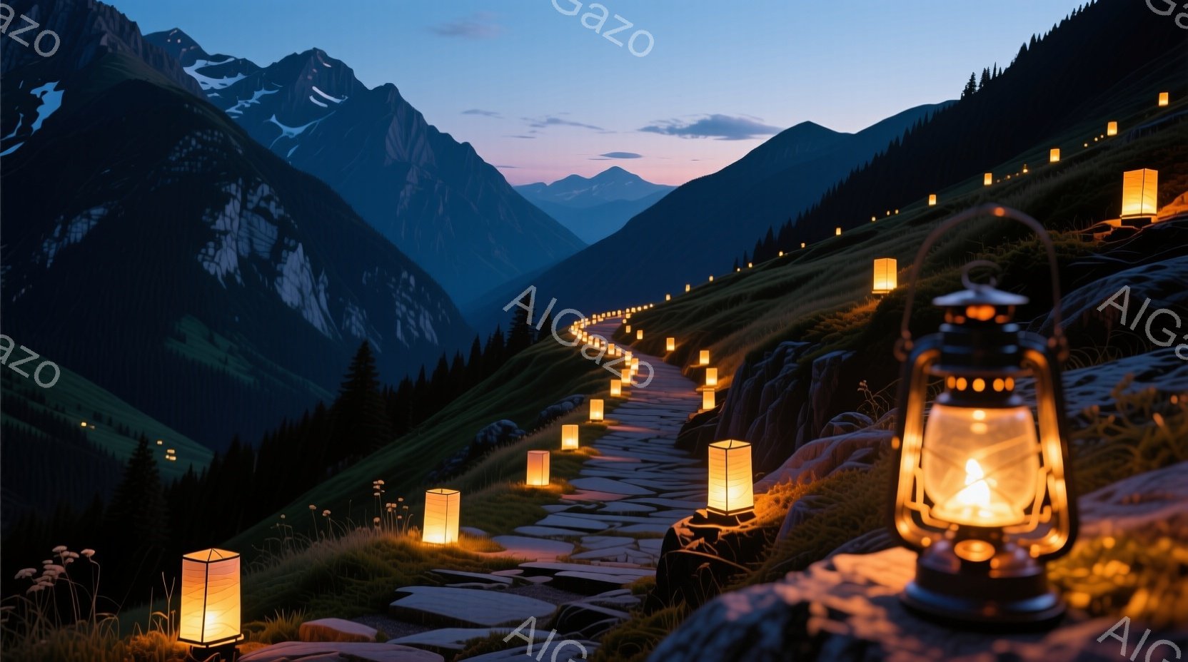岩だらけの山道に沿って、暖かく光る提灯が並べられている美しい風景です。背景には険しい山々が連なり、夕焼け空がかすかに見えることで、神秘的で静寂な雰囲気が漂っています。提灯の光が、山道を照らし出し、まるで夢のような光景を作り出しています。