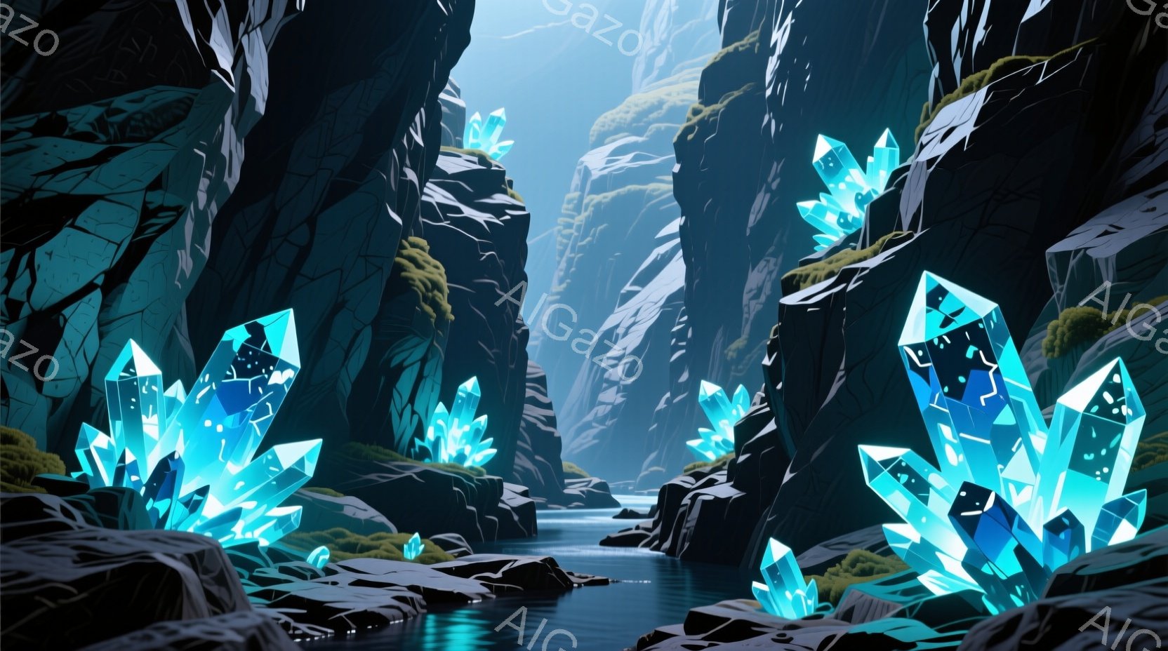 険しい岩壁に囲まれた渓谷が描かれており、水面は穏やかで、霧が立ち込めている。光り輝く青色の結晶が点在し、まるで幻想的な光景を照らしているかのようだ。全体的に静寂で神秘的な雰囲気が漂い、自然の力強さと美 - AI生成フリー素材
