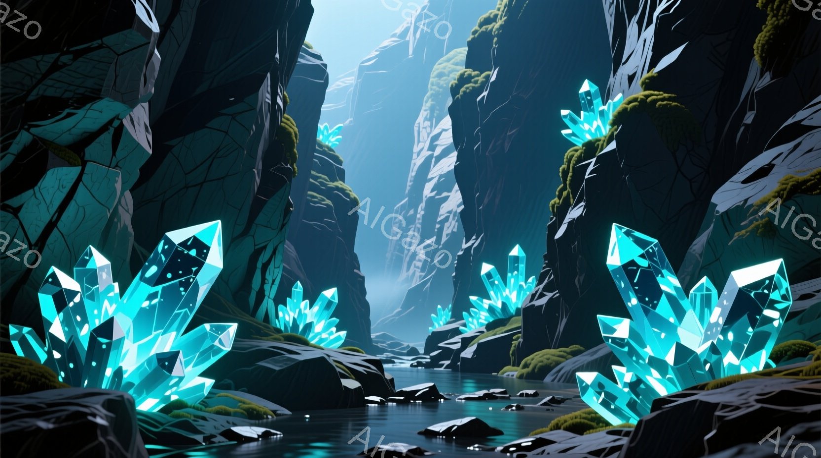 険しい岩肌がそびえ立ち、緑色の苔が生い茂る峡谷内に、青く光る巨大な結晶が点在している。水面は静かで、結晶の光を反射し、幻想的な雰囲気を醸し出している。全体的に冷たい色調で、神秘的で静寂な自然の息吹を感じさせる。