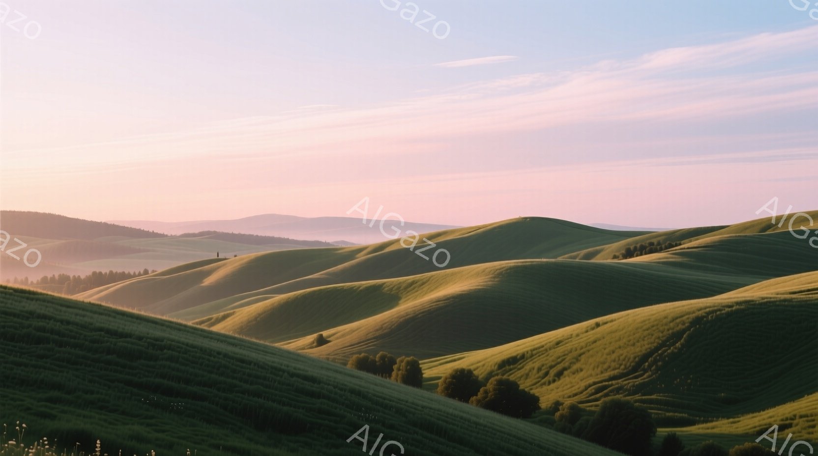 広大な緑の丘陵地帯が、朝日の柔らかな光に照らされている。起伏のある地形は、まるで波のように連なり、遠くには霞んだ山々がぼんやりと見える。穏やかで平和な雰囲気が漂い、自然の美しさが際立っている。