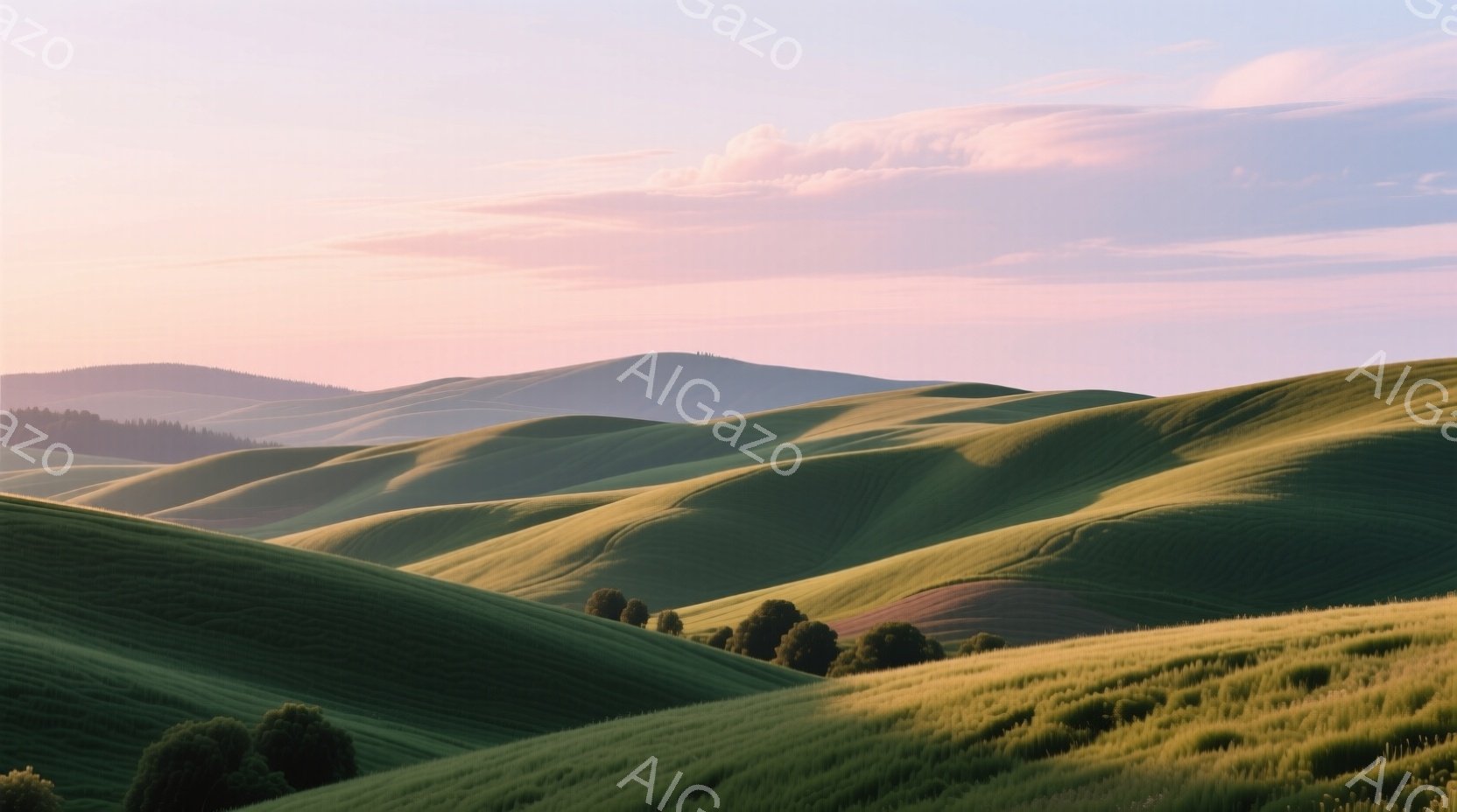 穏やかな日の出の光が、緑豊かな丘陵地帯を優しく照らしている。起伏に富んだ丘は、まるで緑の波のように連なり、遠くには霞んだ山々が見える。全体的に静かで平和な雰囲気が漂い、自然の美しさが際立っている。
