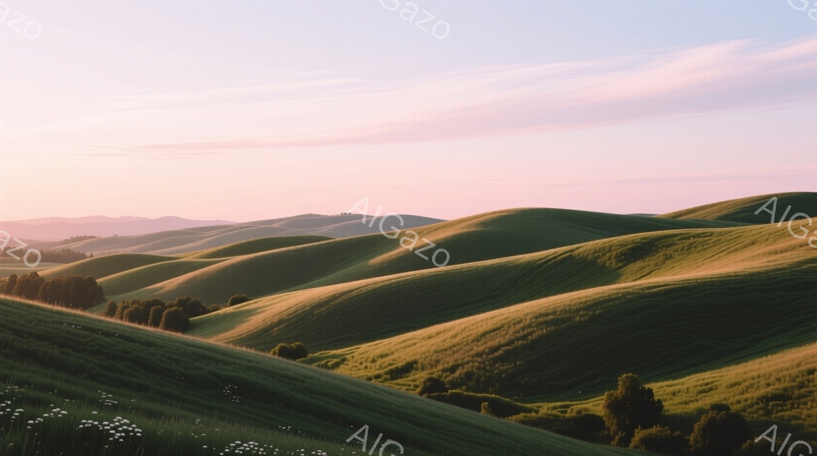 穏やかな日の出の光に照らされた、緑豊かな丘陵地帯が広がっている。なだらかな曲線を描く丘は、まるで波のように連なり、遠くには霞んだ山並みが望める。白く小さな花々が丘の斜面に点在し、静かで牧歌的な雰囲気を醸し出している。