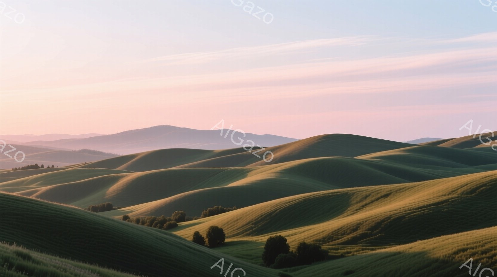 穏やかな緑色の丘が連なり、まるで波のようにうねっている。背景には霞んだ山々が薄紫色に浮かび、空は桃色と水色のグラデーションが美しい朝焼けの空である。全体的に静かで平和な雰囲気が漂い、自然の美しさが際立 - AI生成フリー素材