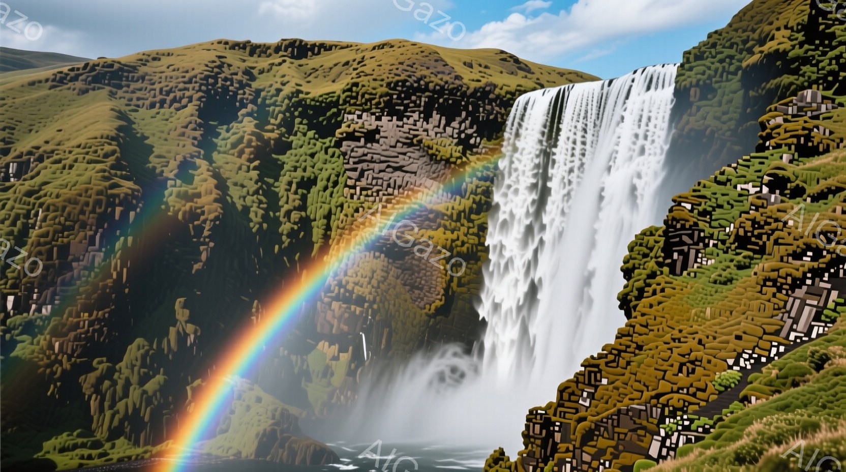 巨大な滝が岩肌を流れ落ち、水しぶきが太陽光によって虹を生み出している。周囲は緑豊かな草地と苔むした岩肌で覆われ、自然の美しさを強調している。全体的に、力強くも穏やかな雰囲気で、自然の壮大さを感じさせる - AI生成フリー素材