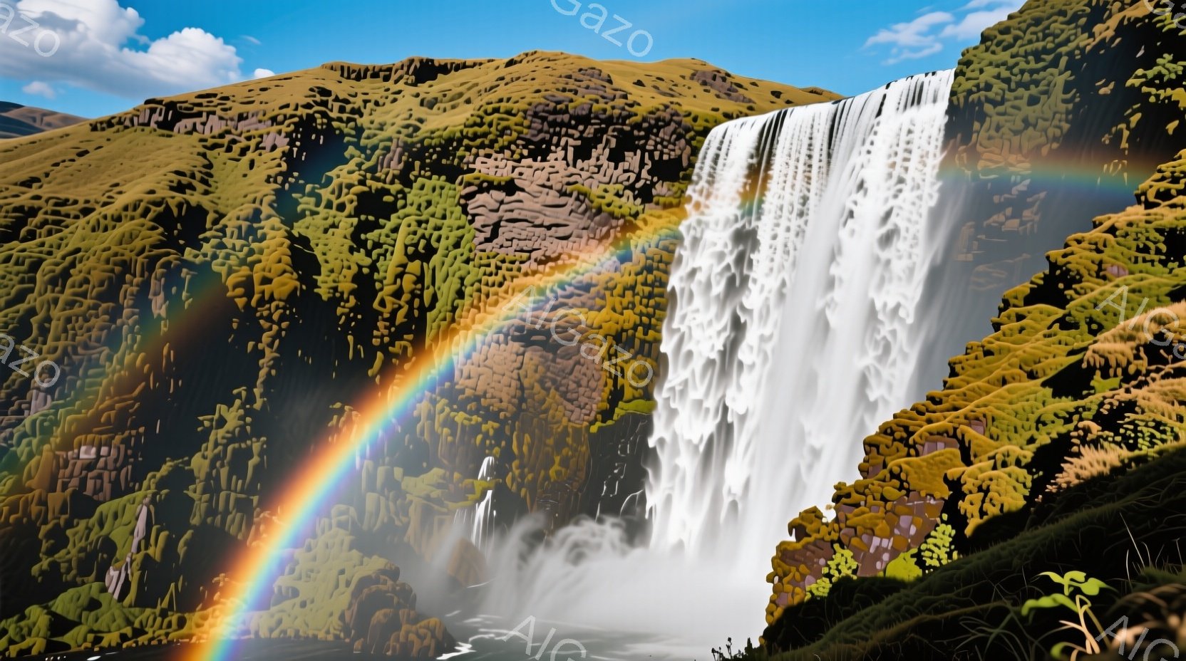 岩肌を縫うように流れ落ちる滝が印象的な風景です。滝には虹がかかり、岩肌や周囲の緑と空の青が鮮やかに映し出されています。力強い水の流れと、周囲の自然との調和が、雄大で美しい雰囲気を醸し出しています。