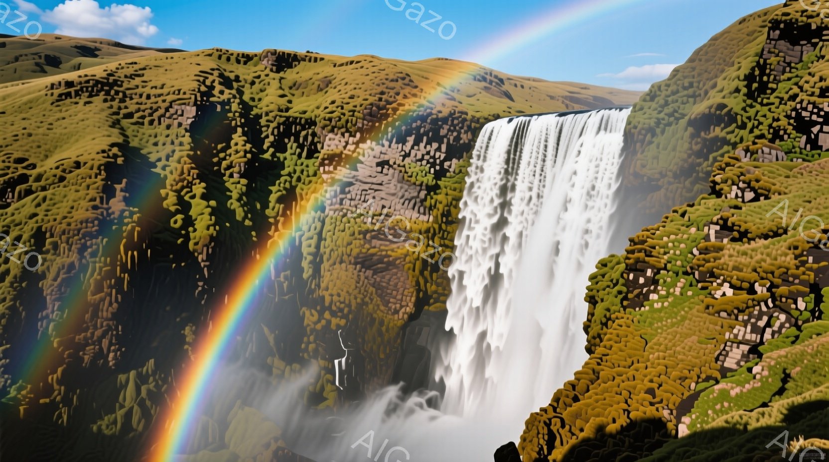 広大な景色の中に巨大な滝が流れ落ちています。周囲は緑豊かな草地と岩肌で覆われ、滝の飛沫によって美しい虹がかかっています。滝は力強く流れ落ち、自然の雄大さと静寂が感じられる光景です。