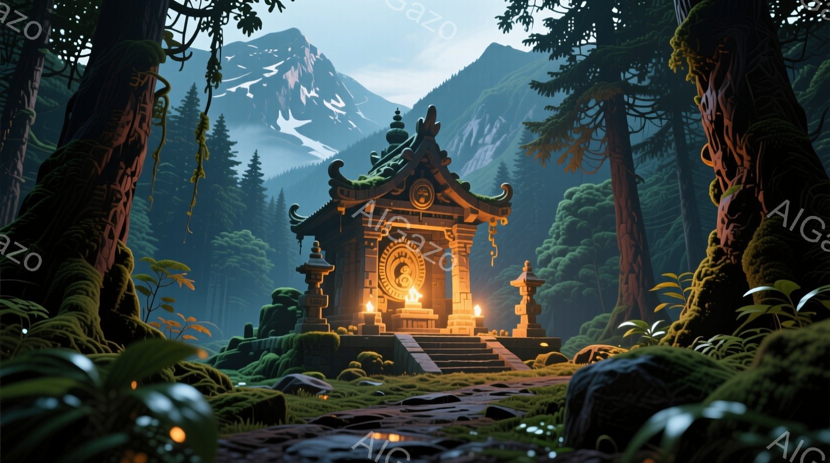 鬱蒼とした緑が生い茂る森の中に、精巧な彫刻が施された古い寺院がひっそりと佇んでいます。寺院の階段には灯りが灯り、苔むした石畳や周囲の木々が神秘的な雰囲気を醸し出しています。遠景には雪を抱いた山々がそび - AI生成フリー素材