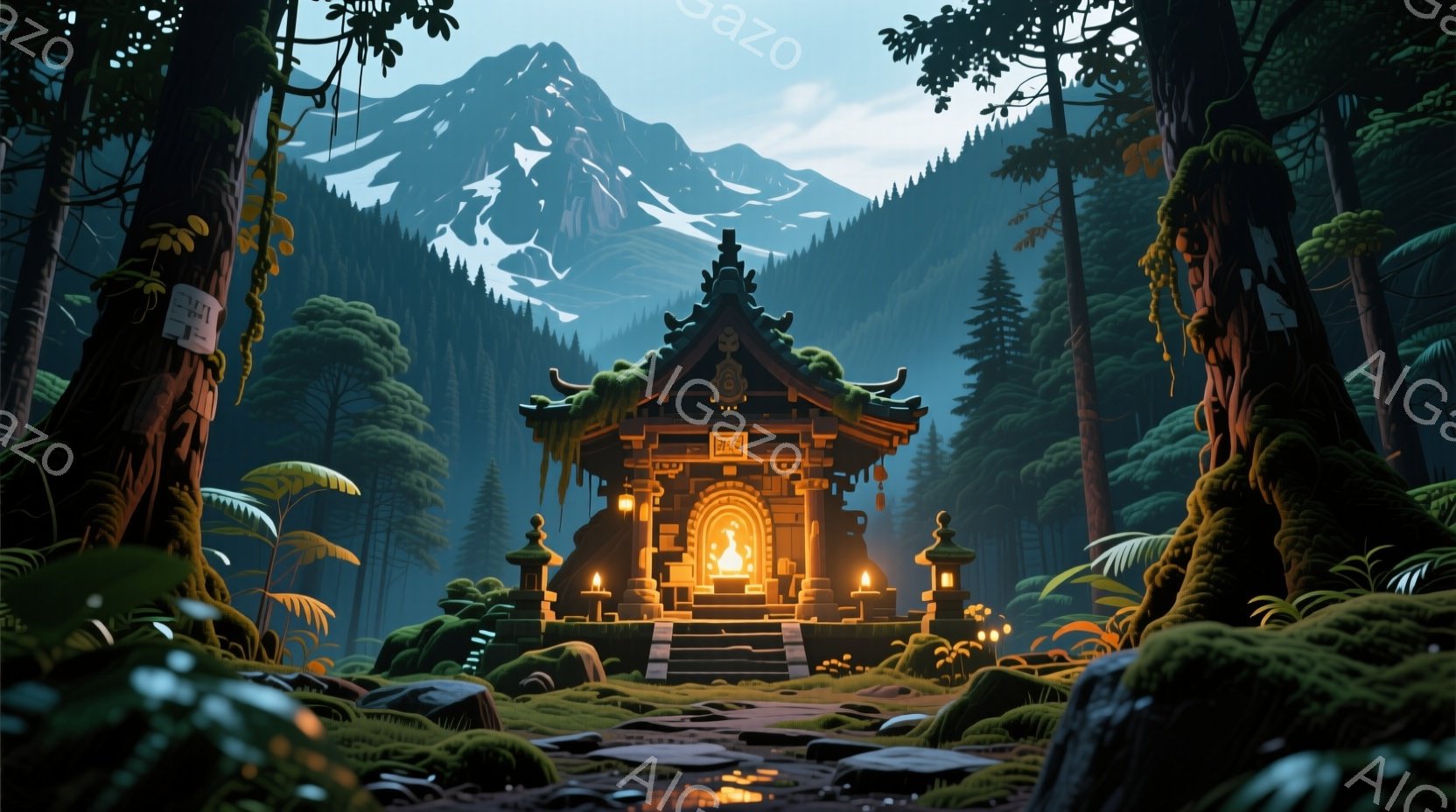 鬱蒼とした森の中に、荘厳な様式の小さな寺院が佇んでいます。寺院は暖色の光で照らされ、石段の両脇には灯籠が並び、神秘的な雰囲気を醸し出しています。背景には雪を抱いた山々がそびえ立ち、静寂で神聖な空間を作 - AI生成フリー素材