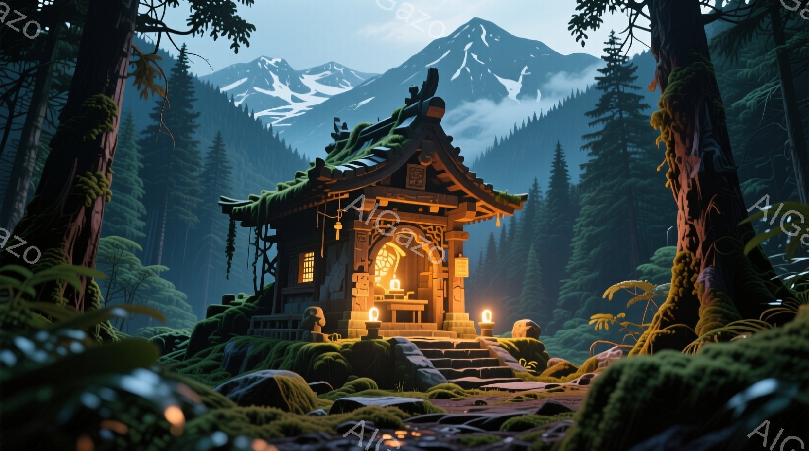 古びた木造の小屋が、苔むした石段の上に静かに佇んでいます。小屋の中には暖かな光が灯り、祭壇のようなものが見え、どこか神聖な雰囲気を漂わせています。背景には緑豊かな森林が広がり、遠くには雪を頂いた山々がそびえ立ち、神秘的で穏やかな空気が漂っています。
