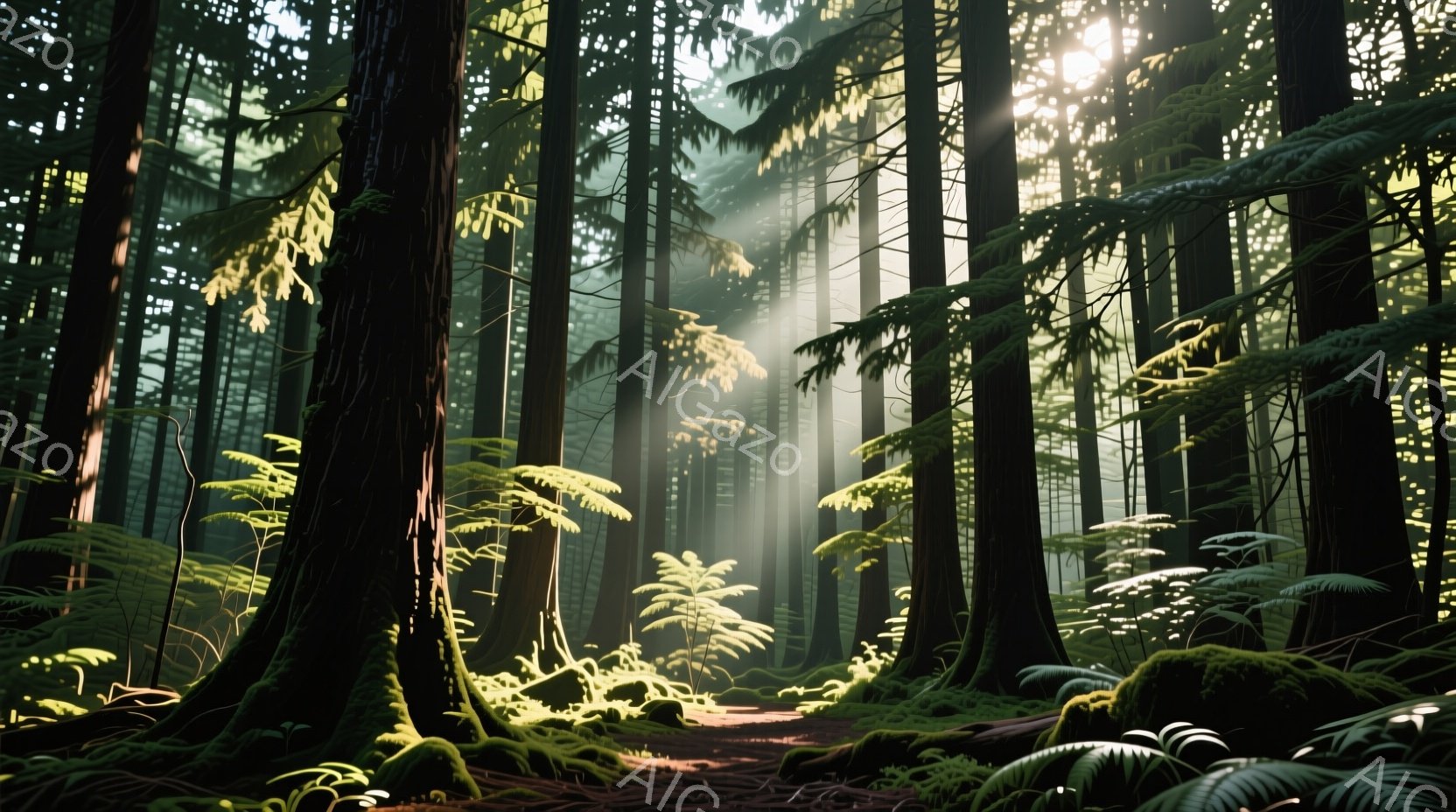 深い森の中を光が差し込み、緑豊かなシダ植物が地面を覆っている風景です。巨大な木の幹が立ち並び、苔むした根元が特徴的で、森の奥へと続く小道が幻想的な雰囲気を醸し出しています。光線が木々の間から差し込み、埃っぽい空気の中に漂う光の筋が、神秘的で穏やかな静寂感を強調しています。