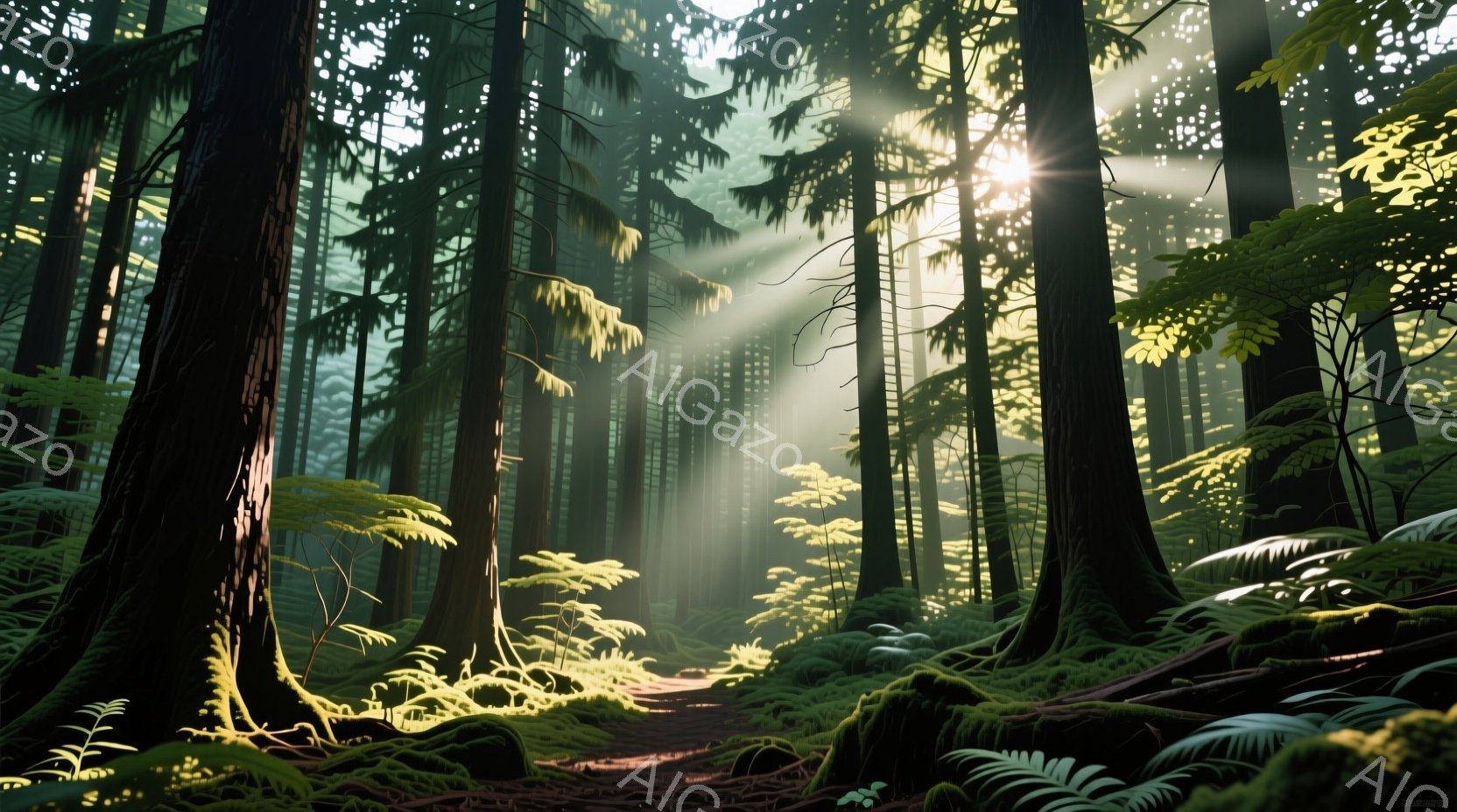 深い緑に覆われた針葉樹林の中を光が差し込み、苔むした地面と豊かなシダ植物が湿った空気感を伝えている。前景には鮮やかな緑色のシダ類が密集し、奥へ向かうにつれて木々のシルエットが重なり合い、神秘的な雰囲気を醸し出している。木々は高くそびえ立ち、強い日差しが葉の間から差し込み、地面に斑点状の光を作り出している。