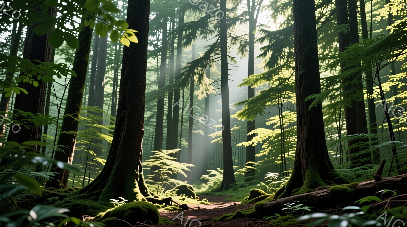 鬱蒼とした森林が描かれており、苔むした木の根元と緑豊かなシダ植物が地面を覆っている。太陽光が木々の間から差し込み、神秘的な光の筋を作り出している。全体的に静かで、自然の美しさと生命力を感じさせる、穏やかな雰囲気である。