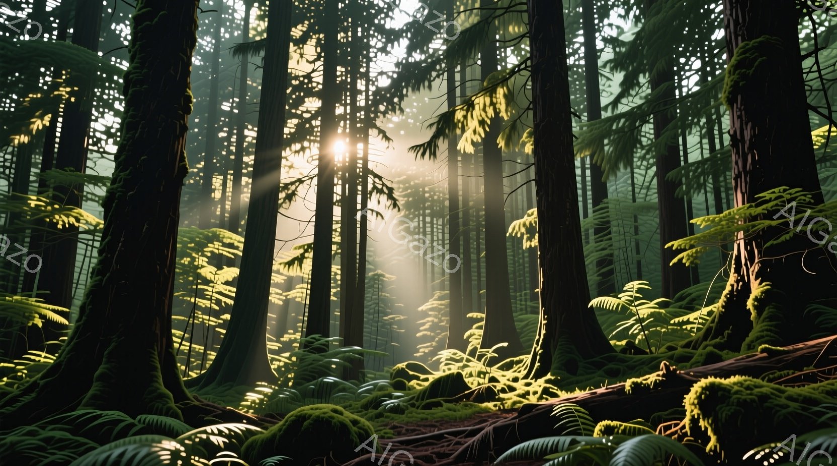 鬱蒼とした森の中、木々の間から差し込む光が幻想的な雰囲気を醸し出している。地面は緑豊かなシダ植物や苔で覆われ、湿った土の匂いが漂ってくるようだ。木々は高くそびえ立ち、自然の力強さと静寂を感じさせる光景である。