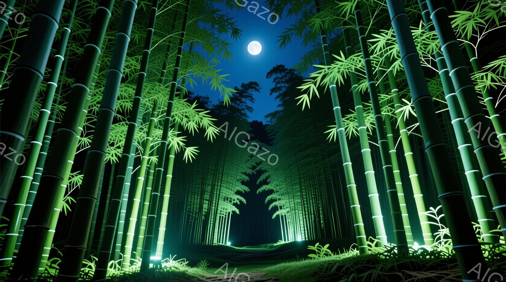 深い竹林が月の光に照らされ、幻想的な雰囲気を醸し出している。緑色の竹が密集し、遠くにはぼんやりとした光が見え、視線を奥へと誘う。地面にはわずかな光が散らばり、神秘的な空間を演出している。 - AI生成フリー素材