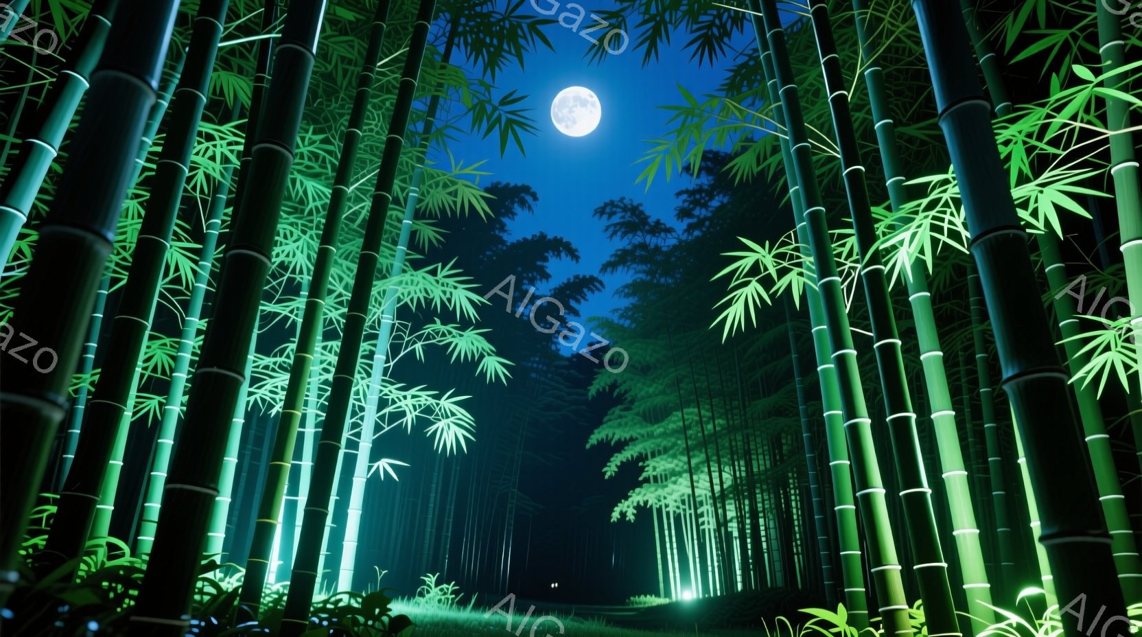 深い緑色の竹林が画面を埋め尽くし、月明かりが竹の葉の間から差し込み幻想的な光景を作り出している。地面は緑色の光に照らされ、遠方にはぼんやりと影のような人影が見えるが、詳細は不明である。全体的に静謐で神 - AI生成フリー素材