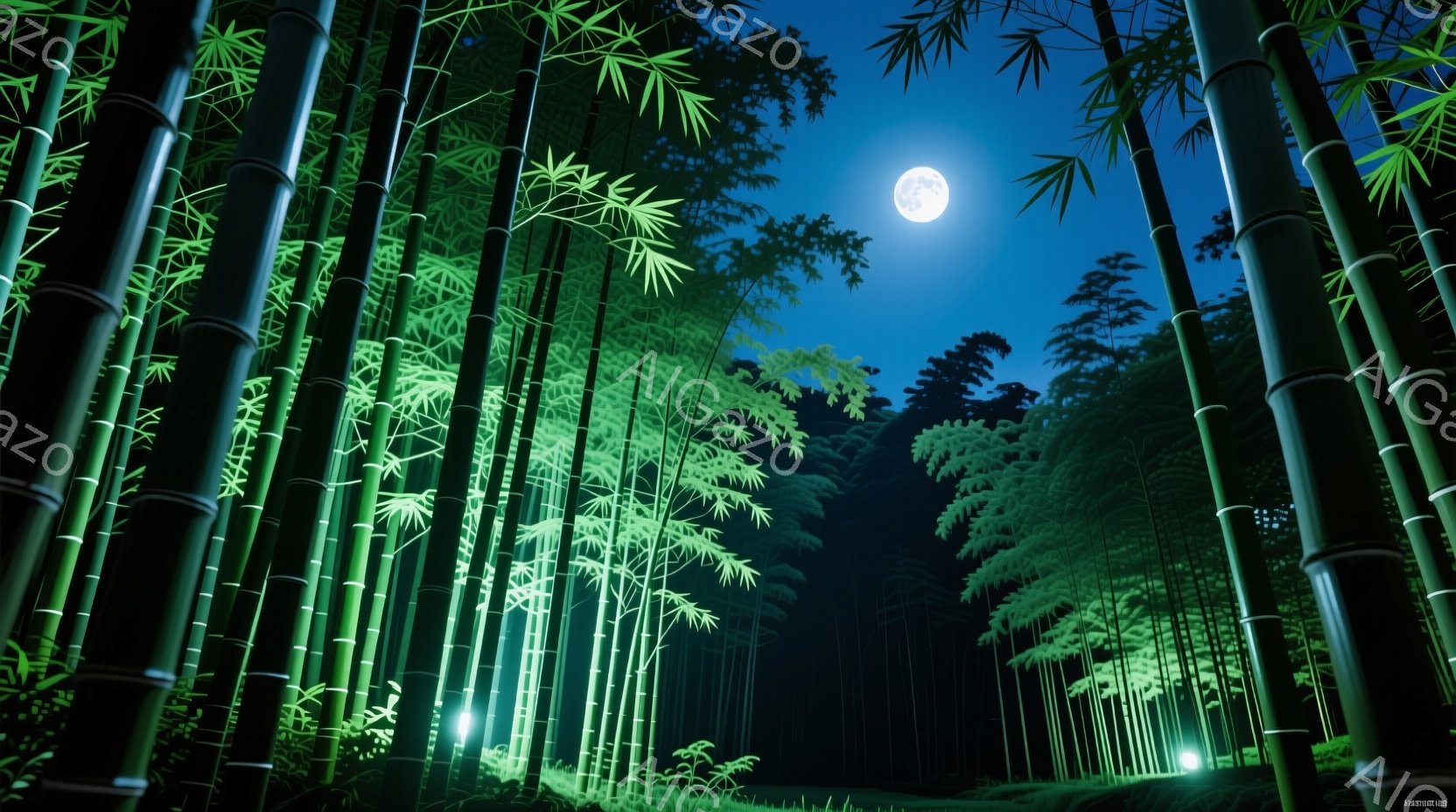 深い竹林が夜空の下に広がっており、月明かりが竹の葉の間から差し込み、幻想的な光の筋を作り出しています。地面には緑の草が生い茂り、遠くには山並みが薄暗く見える静寂な風景です。全体的に、静けさと神秘的な雰 - AI生成フリー素材