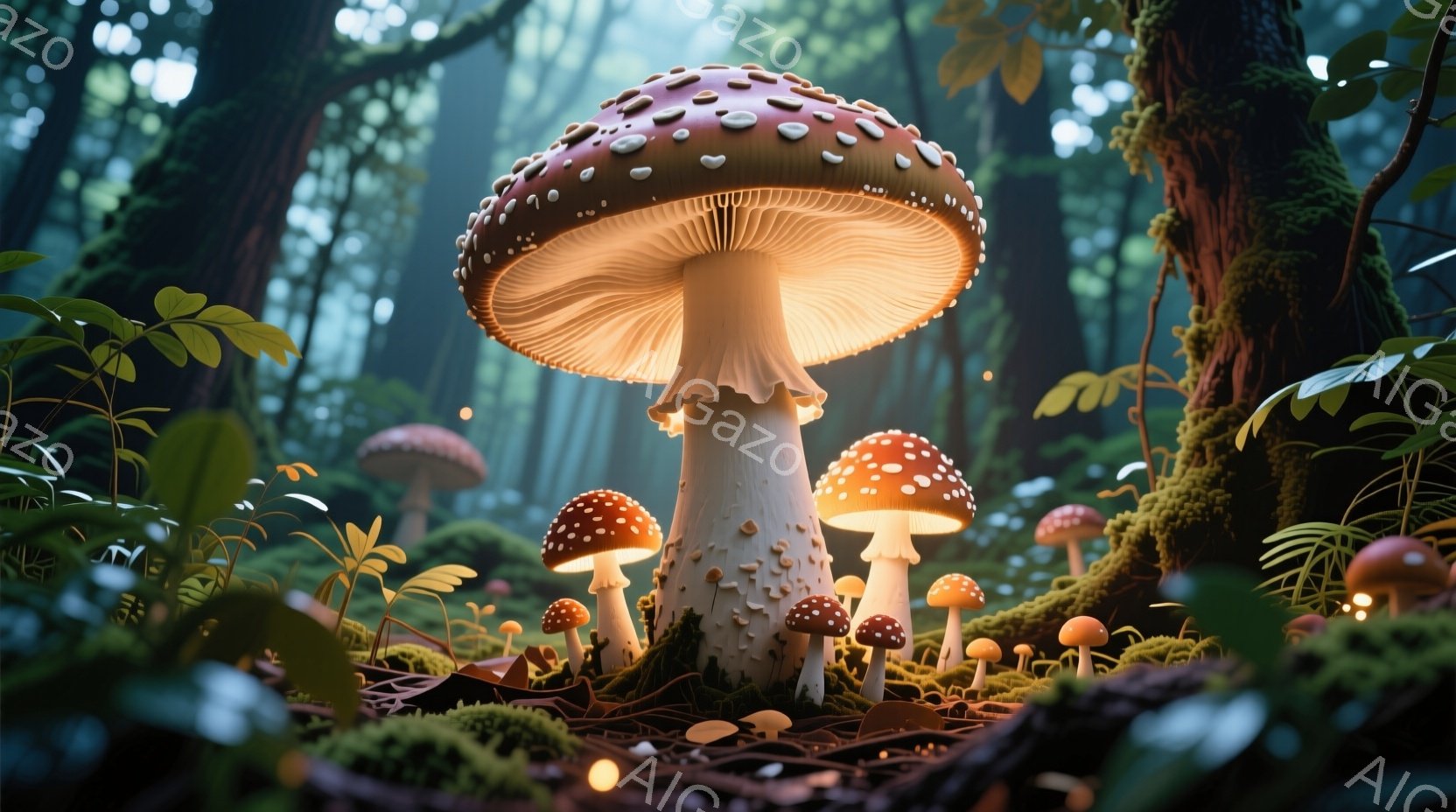 鮮やかな赤い傘を持つキノコが、緑豊かな森の中で幻想的に光を放っている。地面は苔と落ち葉で覆われ、背景にはぼんやりと木々が見え、まるで妖精が住むような神秘的な雰囲気を醸し出している。光の粒が漂うことで、より一層幻想的で、どこか温かい気持ちになる光景である。