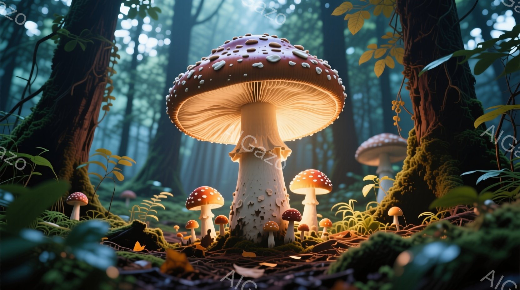 鬱蒼とした森の中に、様々な大きさの赤いキノコが生い茂っている。一番大きなキノコは光を放ち、周囲のキノコを照らし出しているようで、幻想的な雰囲気を醸し出している。緑豊かな苔むした地面と木々、そして落ち葉 - AI生成フリー素材