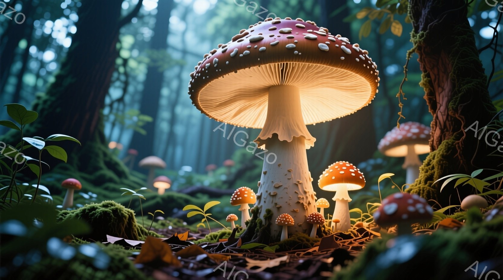 鮮やかな赤い傘を持つキノコが、緑豊かな苔むした森の中に点在している。大きなキノコは内部から光を放ち、幻想的な雰囲気を醸し出している。背景には多様な大きさのキノコと、木々の緑が広がり、静かで神秘的な自然 - AI生成フリー素材