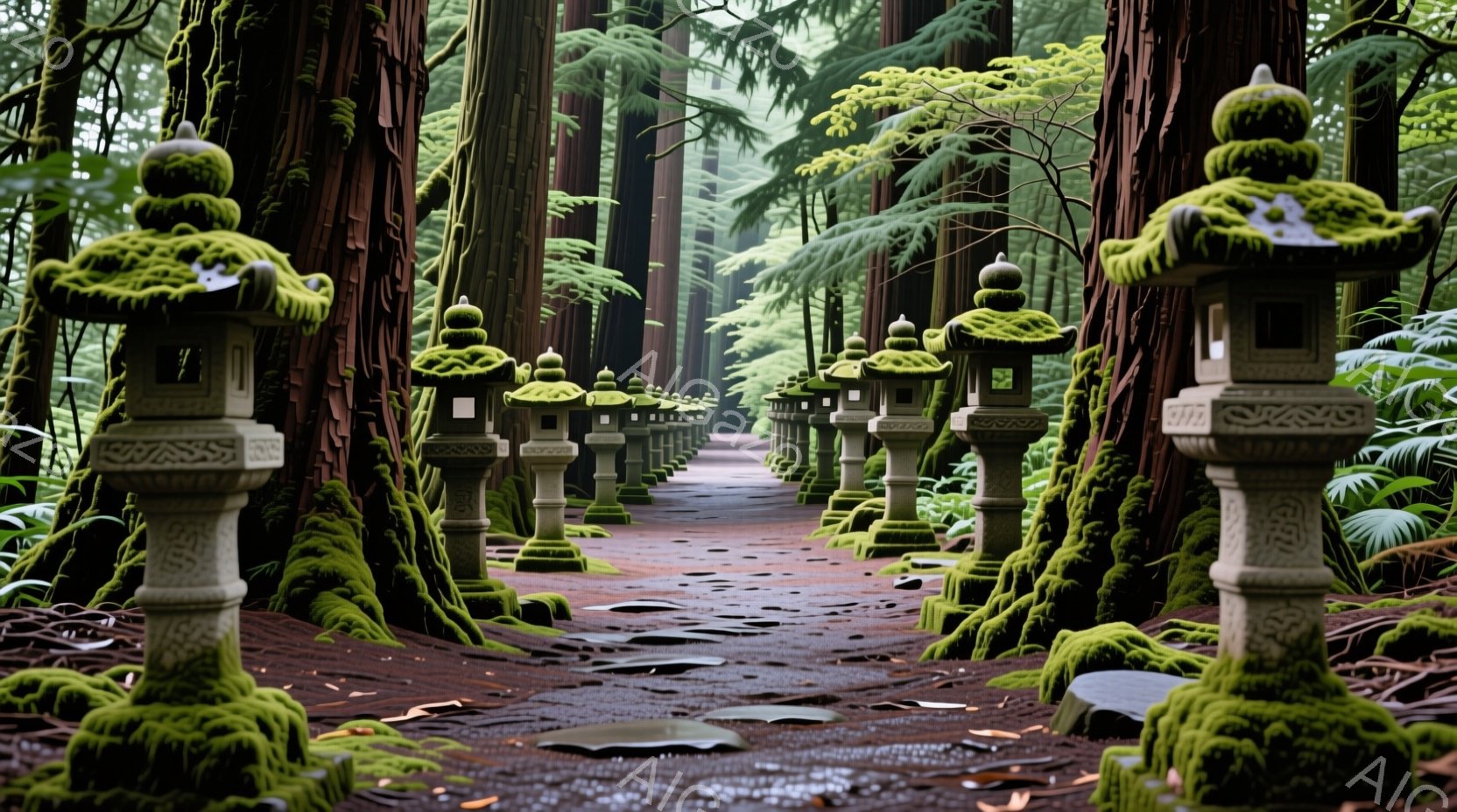 鬱蒼とした原生林の中に石灯籠が整然と並んだ道が描かれている。石灯籠は苔むしており、長い年月を経た静寂と神秘的な雰囲気を醸し出している。湿った地面には雨上がりの水溜まりが点在し、緑豊かな自然と歴史的な建造物が織りなす幻想的な光景が広がる。