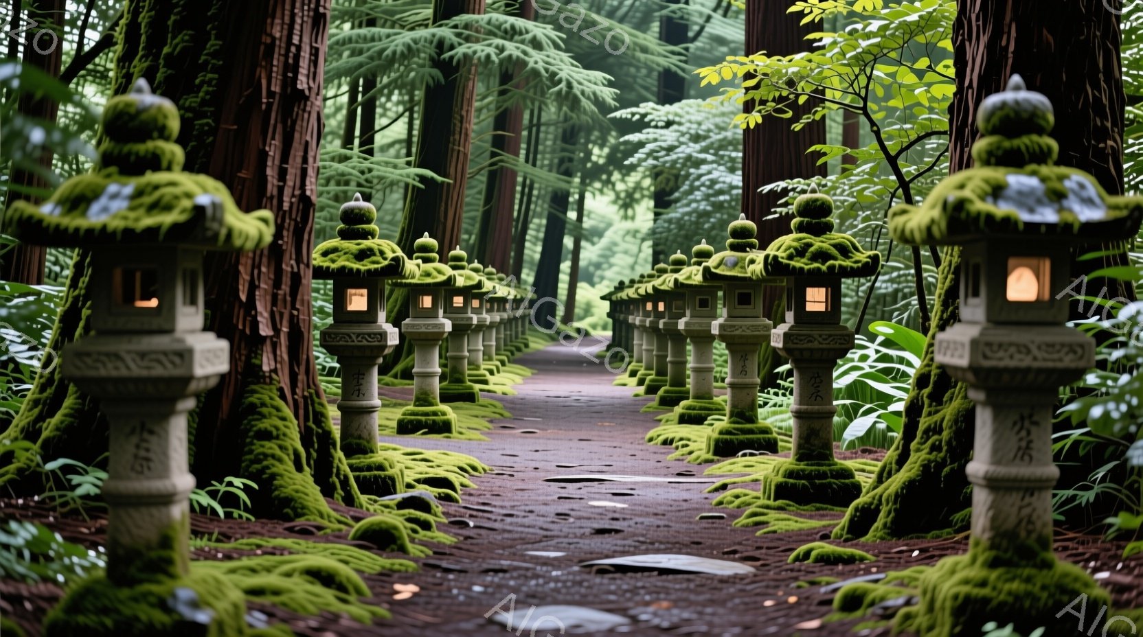 緑豊かな苔に覆われた石灯籠が、鬱蒼とした森の中の道を整然と並んでいる。雨上がりの湿った空気を感じさせ、苔の鮮やかな緑と石灯籠の古色が、静寂で神秘的な雰囲気を醸し出している。背景には高い木々が生い茂り、 - AI生成フリー素材