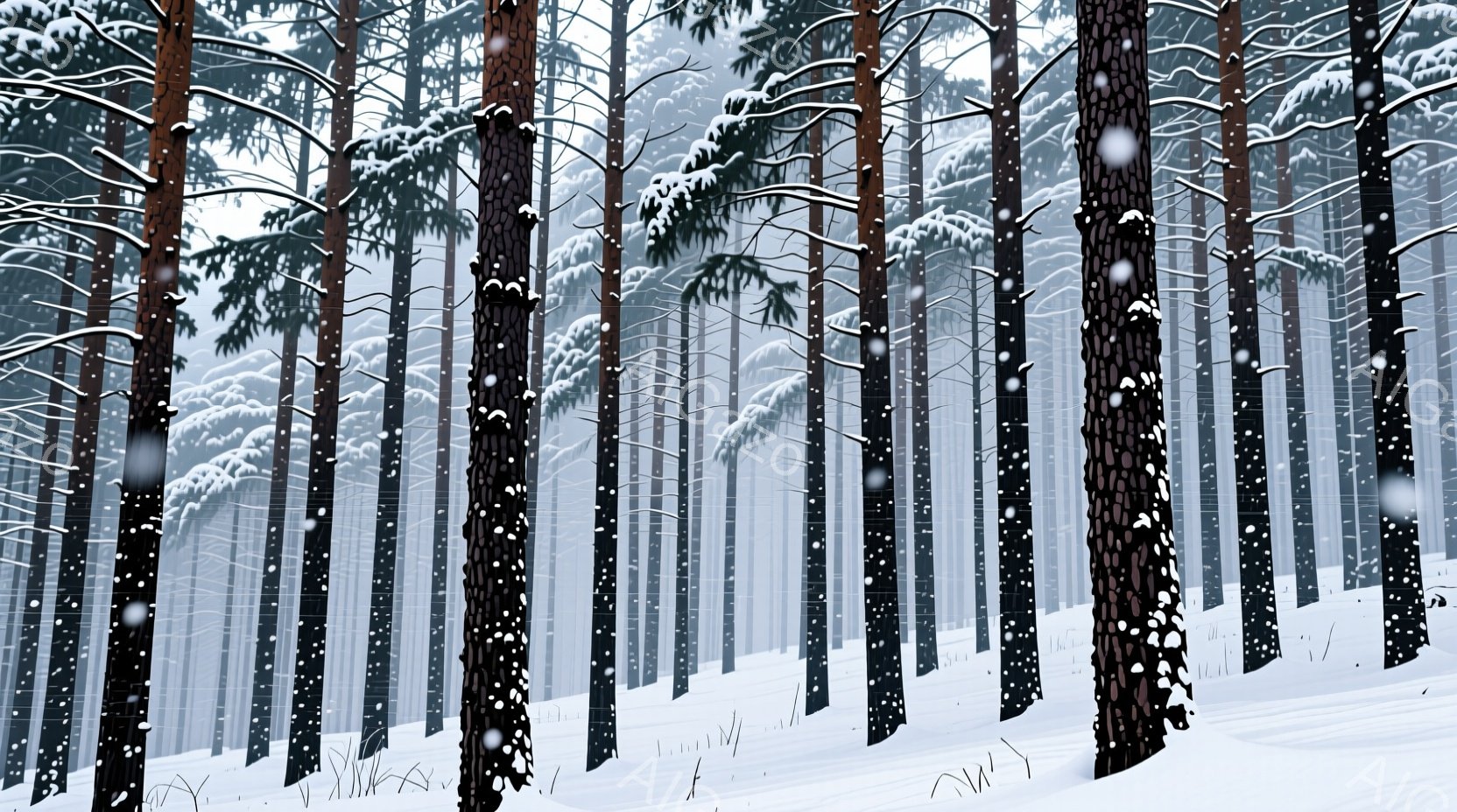 雪が降り積もる針葉樹林が描かれています。木々は規則的に並び、遠近感によって奥へ向かうほど小さく見えます。白く覆われた地面と空は、静寂で穏やかな冬の雰囲気を醸し出しています。