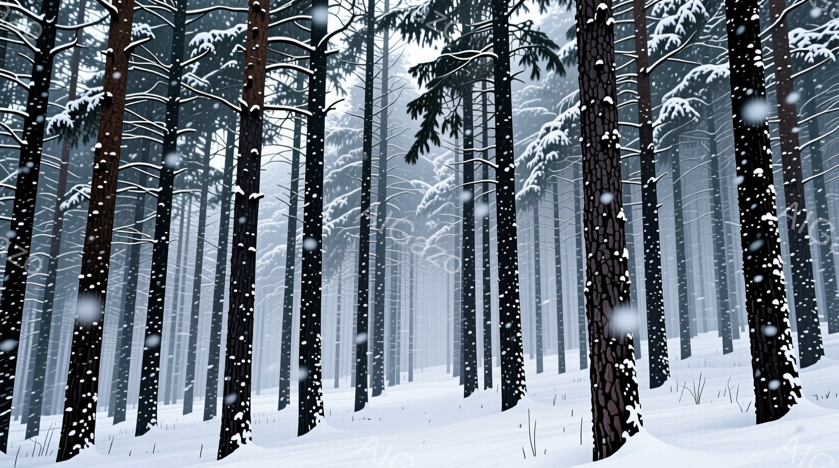 雪が降り積もる針葉樹林が描かれている。幹が真っ黒で、雪が白く対照的に映し出されている。遠くにはぼんやりと木々が見え、冬の静寂で幻想的な雰囲気が漂っている。 - AI生成フリー素材