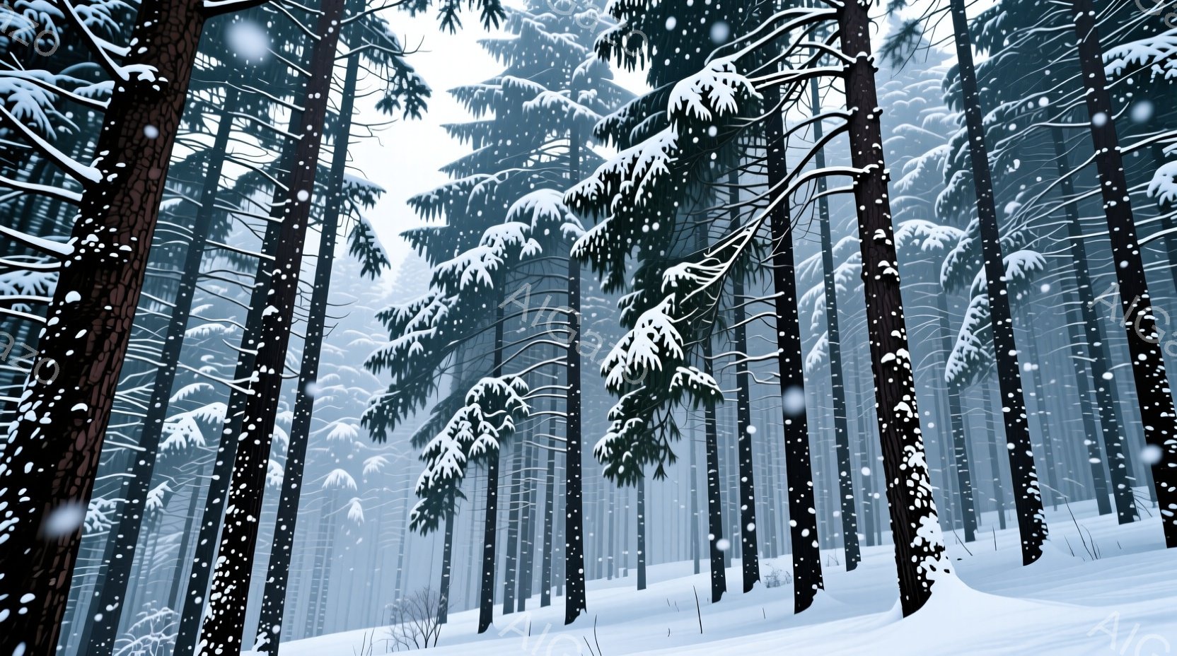 針葉樹の深い森が雪に覆われ、冬の静寂が漂っている。雪片が舞い、遠くの木々は霞んでおり、背景にはわずかに雪原が広がっている。全体的に冷たく、静謐で、冬の自然の美しさを捉えた様子である。 - AI生成フリー素材