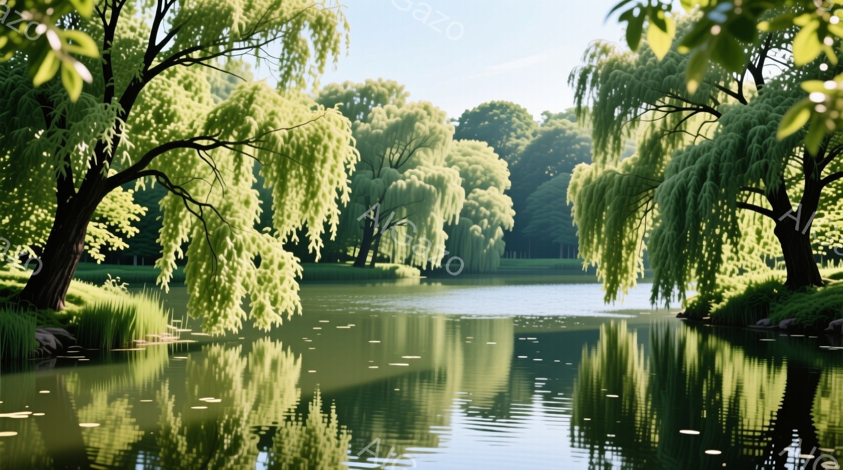 穏やかな湖面が、緑豊かな柳の木々と周囲の自然を映し出している。水面には光の反射が散りばめられ、静寂と安らぎの雰囲気を醸し出している。背景には深い緑の木々が広がり、自然の美しさを強調している。
