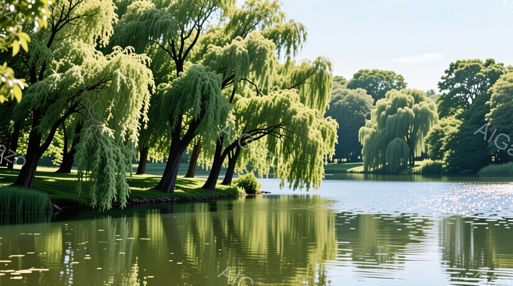 穏やかな水面に柳の木々が映り込み、緑豊かな風景が広がっている。太陽の光が水面で反射し、キラキラと輝き、静かで平和な雰囲気を醸し出している。背景には、緑の芝生と木々が広がり、自然の美しさが際立っている。 - AI生成フリー素材