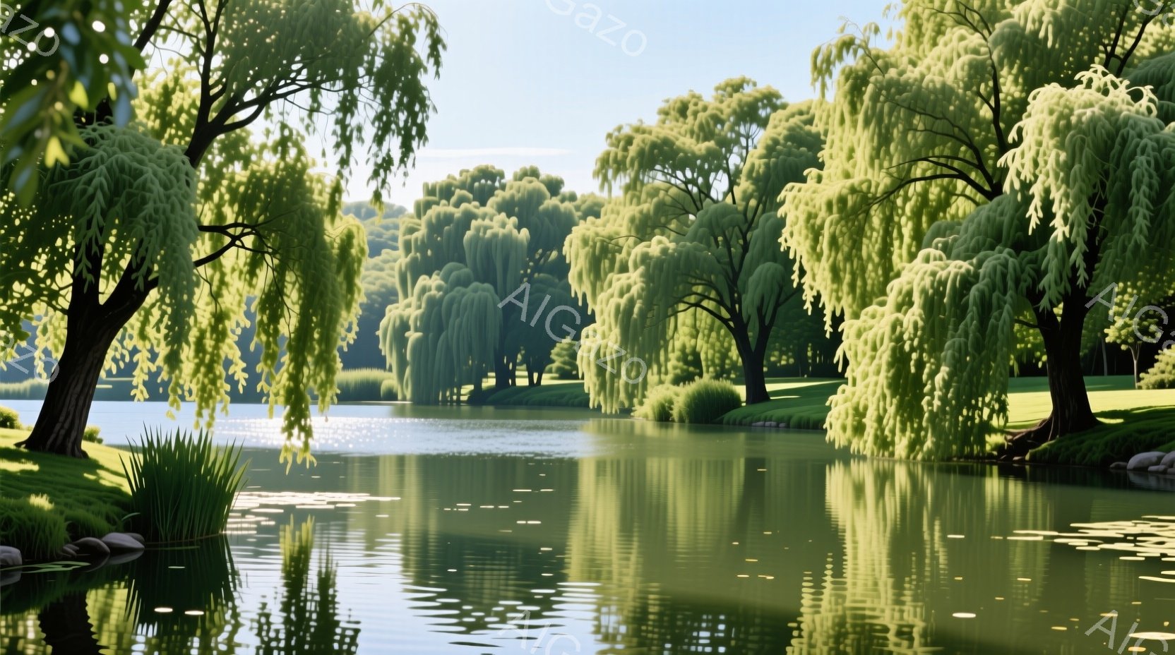 穏やかな水面が柳の木々を美しく映し出しており、緑豊かな自然が広がっている。水辺には生い茂る草が生え、背景には手入れされた芝生と、ぼんやりと見える木々が広がっている。全体的に静かで平和な雰囲気が漂い、自 - AI生成フリー素材
