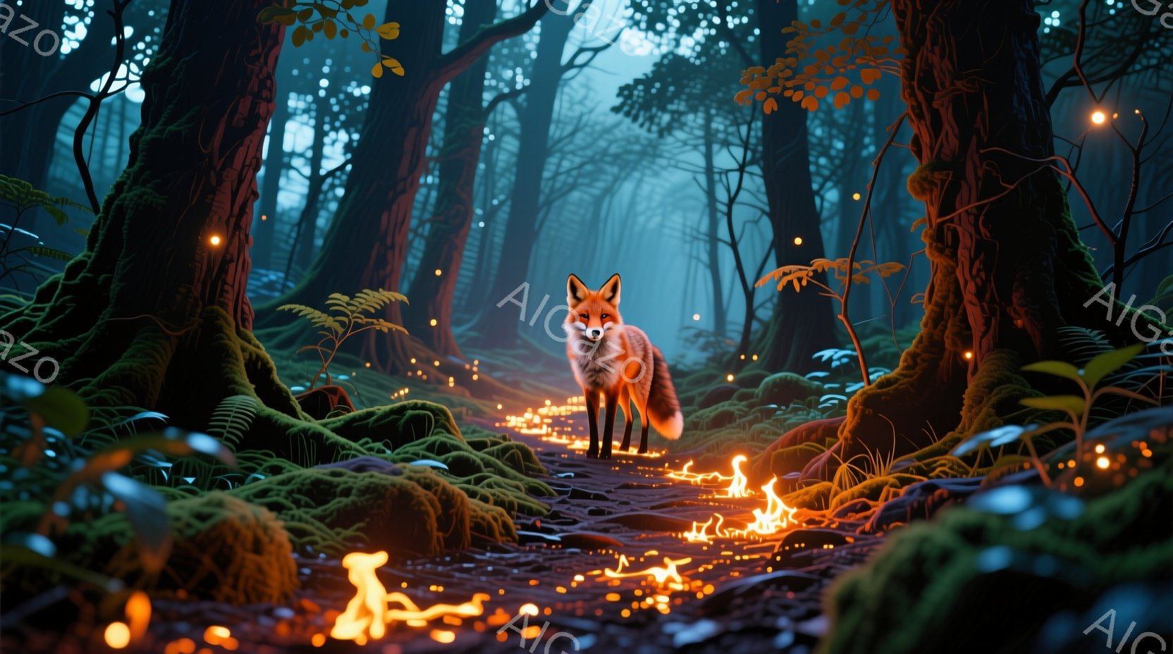 鬱蒼とした緑の苔に覆われた森林の中に、鮮やかな赤褐色のキツネが立っている。地面にはオレンジ色の光の筋が走り、幻想的な雰囲気を醸し出している。背景は暗く深い森で、遠くにはぼんやりとした木々のシルエットが - AI生成フリー素材
