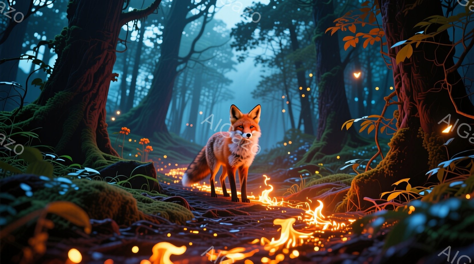 深い森の中で、鮮やかな赤褐色のキツネが正面をまっすぐ見つめて立っている。キツネの周囲には、オレンジ色の炎のような光が地面に広がり、苔むした木々やキノコが神秘的な雰囲気を醸し出している。暗く湿った森の奥 - AI生成フリー素材