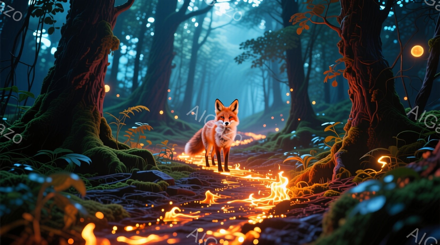 深い森の中に、鮮やかなオレンジ色の狐が立っている。狐の周りには、緑色の苔が生えた岩や木の根が広がり、地面にはオレンジ色の光の線が這っている。暗い森の中、光の線が幻想的な雰囲気を醸し出している。