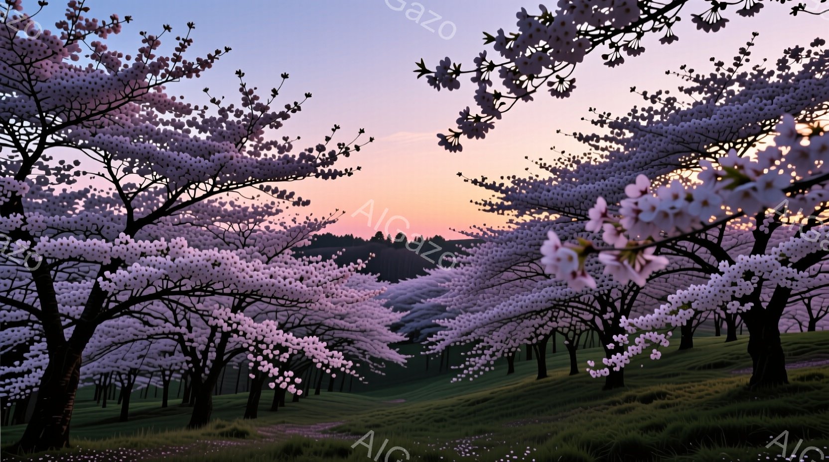 桜の木々が密集した丘陵地帯が描かれており、満開の桜がまるでトンネルのように空を覆っている。柔らかいピンク色の花びらが鮮やかで、背景には夕焼けのようなオレンジと紫のグラデーションが広がっている。全体的に - AI生成フリー素材