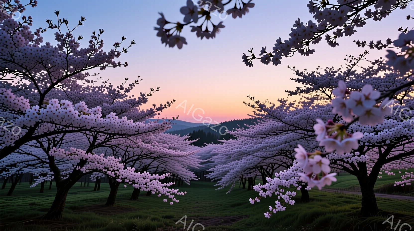 広大な緑の草原に、満開の桜並木が広がっている。夕焼け空がピンクとオレンジ色に染まり、穏やかで幻想的な雰囲気を醸し出している。遠くには山並みがぼんやりと見え、春の訪れを感じさせる美しい風景である。 - AI生成フリー素材