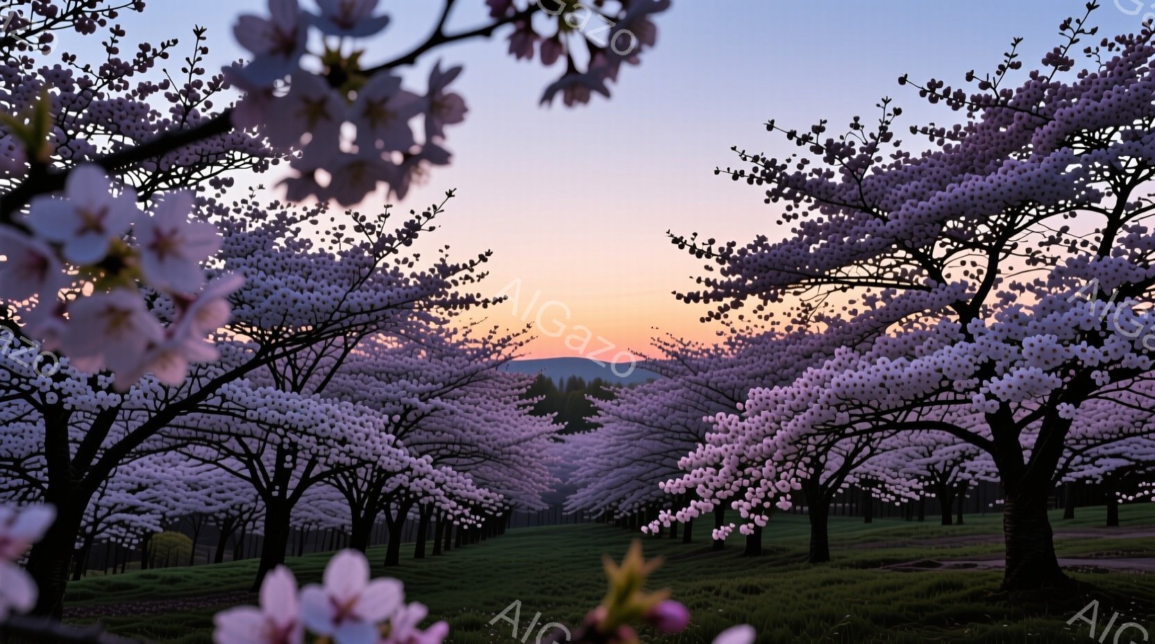 満開の桜並木が広がり、ピンク色の花びらが空を覆っているように見える。遠くには緑の丘が見え、空はオレンジ色から紫色へとグラデーションを描いている。全体的に穏やかで幻想的な雰囲気が漂い、春の訪れを感じさせ - AI生成フリー素材