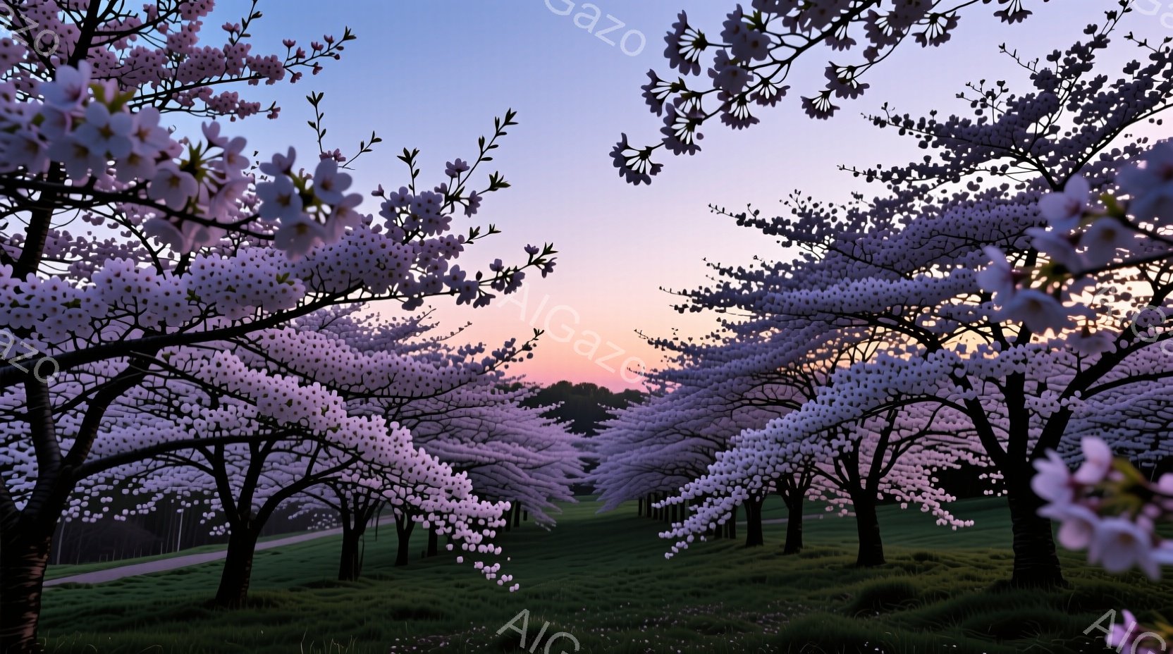 桜並木が広がる美しい風景で、満開の桜が空を覆うように咲き誇っている。鮮やかな緑の芝生が桜の淡いピンク色と対照的で、夕焼けの空が背景に広がっている。穏やかで幻想的な雰囲気が漂い、春の訪れを感じさせる。 - AI生成フリー素材