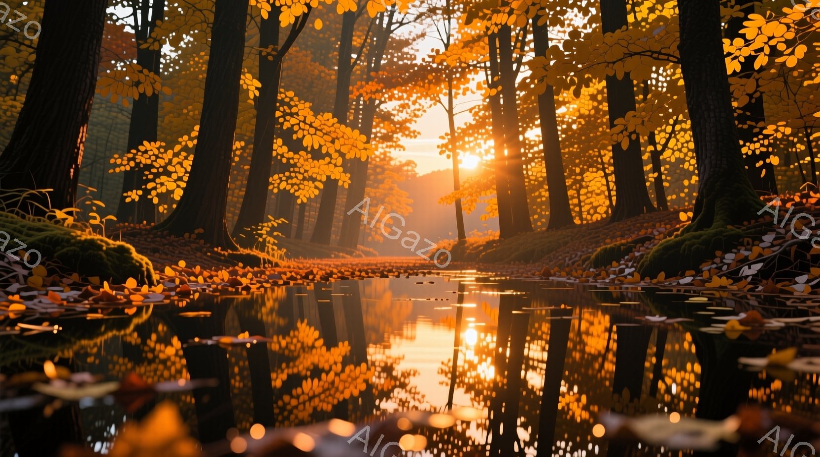 美しい紅葉の森を流れる小川が描かれています。木々は鮮やかなオレンジ色と黄色に染まり、水面にはその色が映り込んでいます。太陽の光が木々の間から差し込み、幻想的な雰囲気を醸し出しています。 - AI生成フリー素材